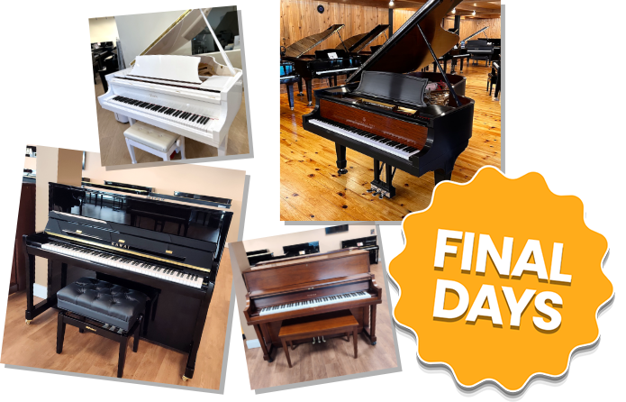 Multiple used Pianos for sale and a badge about inventory changing daily
